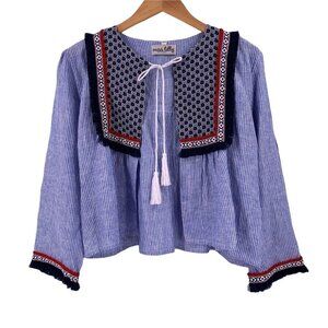 MISS LILLY Blue & White Stripe Embellished Folkloric Open Top/Cardigan Size S/M